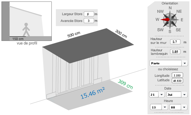 store banne, calcule de l'ombre projetée