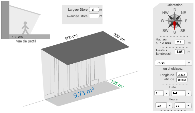 store banne orienté au Sud de 5 x 3 mètres, ombre obtenu