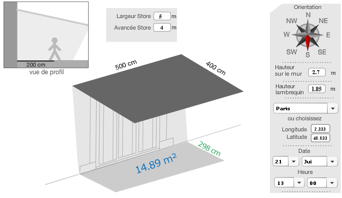 store banne de 5 par 4 mètres : simulation d'ombre