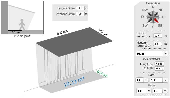 store banne, simulation d'ombre obtenue vis à vis du soleil