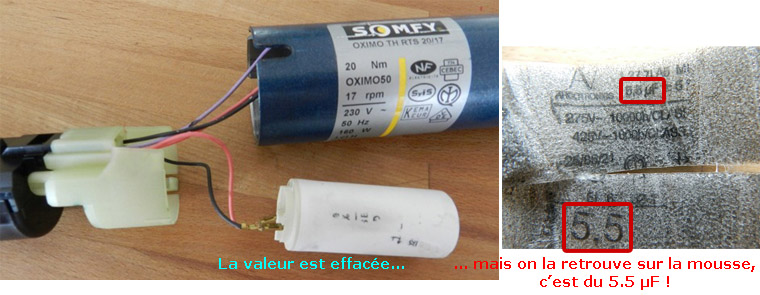 Condensateur Somfy Simu avec valeur effacée mais lisible sur la mousse
