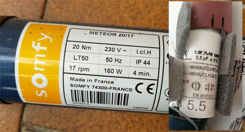 moteur meteor somfy avec condensateur de 5.5 µF uF