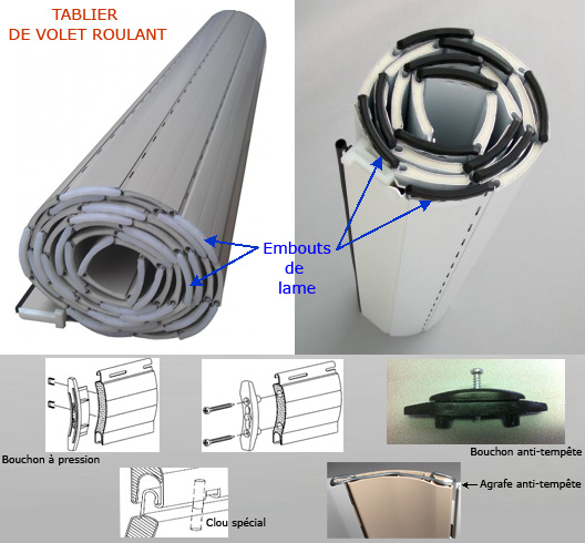 embout de lame, latte de volet, tablier