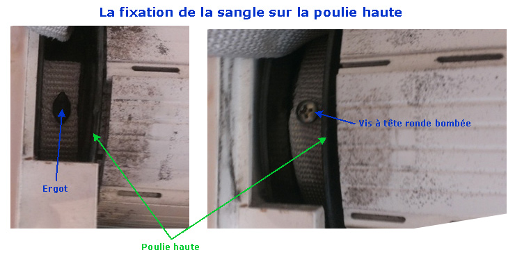 Fixation, montage de la sangle à la poulie haute de volet