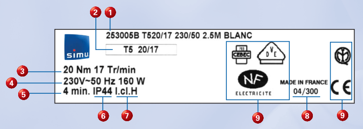 étiquette moteur Simu de store et volet roulant